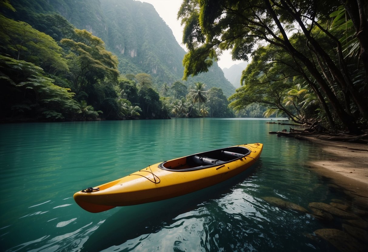 Kayaks and canoes glide through lush, tropical waterways in Asia. Mountains, temples, and wildlife surround the serene paddlers