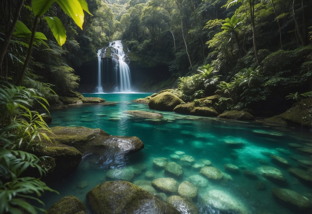 Crystal-clear waters flow through lush greenery at Hiji Falls, Okinawa. Kayakers navigate the serene route, surrounded by stunning natural beauty