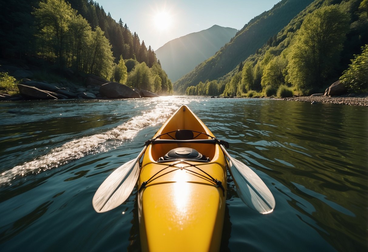 A serene river winds through lush green mountains, with kayaks and canoes gliding peacefully on the water. The sun casts a warm glow on the tranquil scene