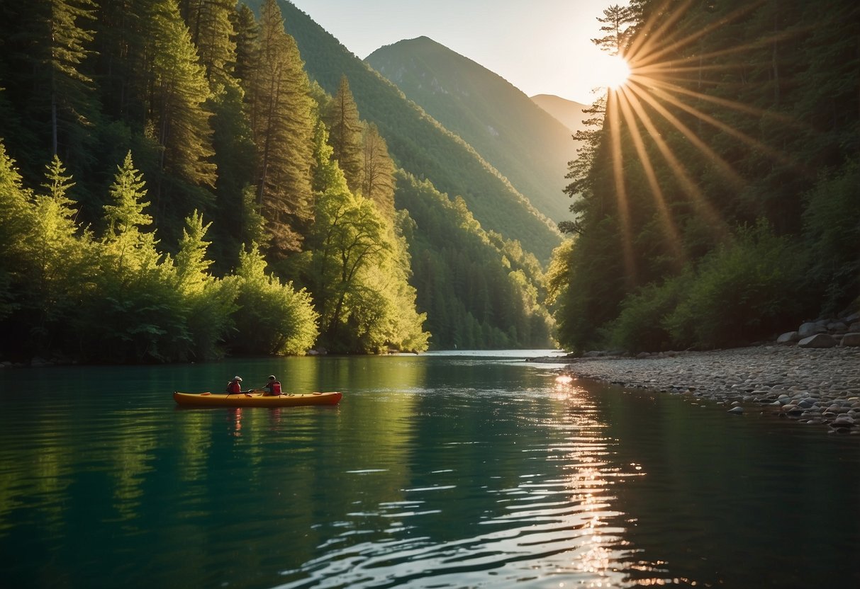 A serene river winds through lush green mountains, with kayaks and canoes gliding peacefully along the tranquil water. The sun casts a warm glow over the picturesque landscape, creating a perfect setting for a kayaking or canoeing adventure