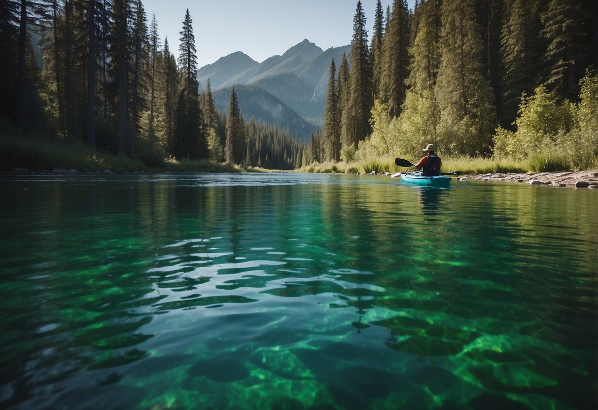 Crystal-clear waters flow through lush, green landscapes. Mountains rise in the distance, framing the serene scene. A kayak glides peacefully along the river, surrounded by untouched nature