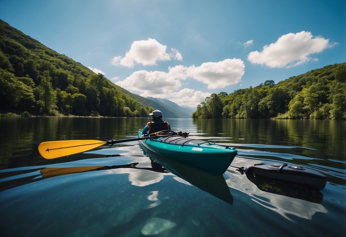 A kayak floats on calm water, surrounded by lush greenery. A reusable water bottle and a small trash bag are secured to the kayak, while a mesh bag hangs off the side, ready to collect any waste encountered during the paddling trip