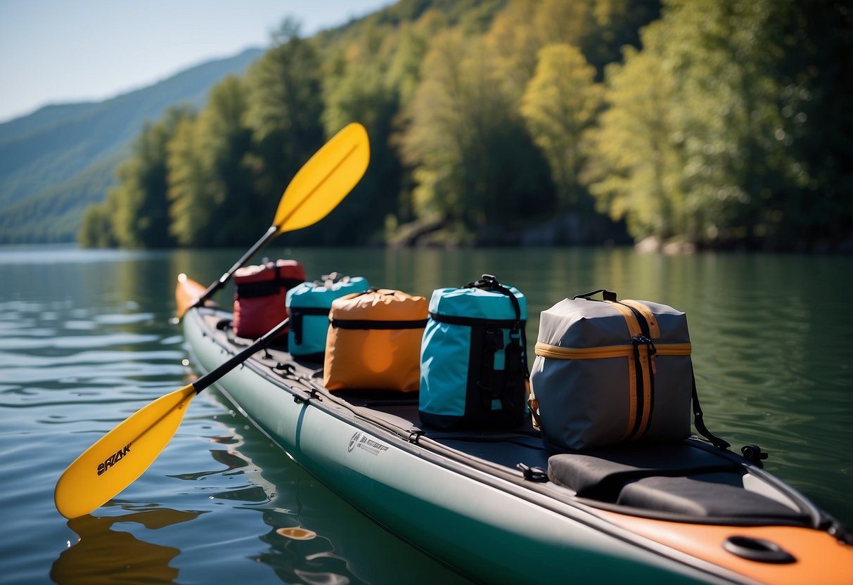 Collapsible containers neatly packed in a kayak with paddle and scenic water background