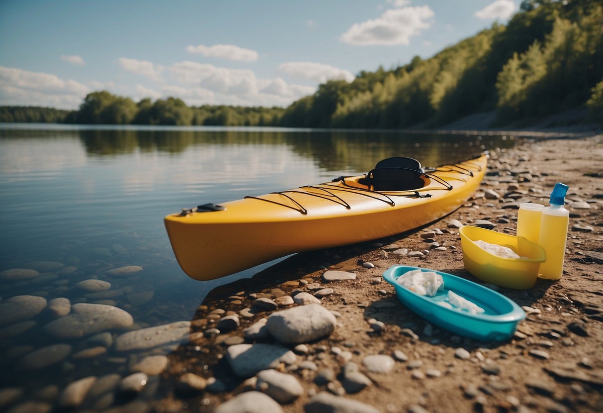 A serene riverbank with a kayak and paddle resting on the shore, surrounded by eco-friendly cleaning products and waste management tools