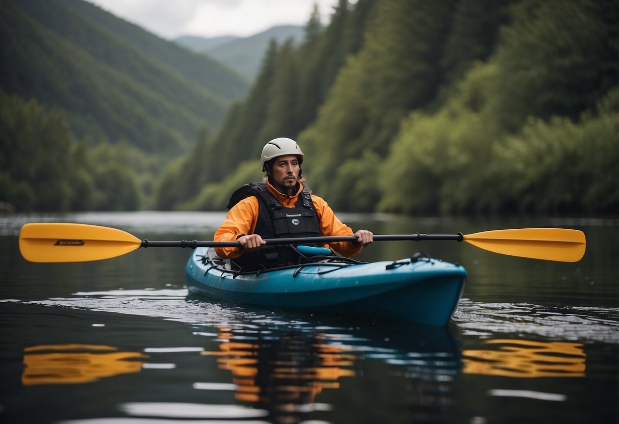 A person paddles a kayak with a portable water filter attached, surrounded by floating waste