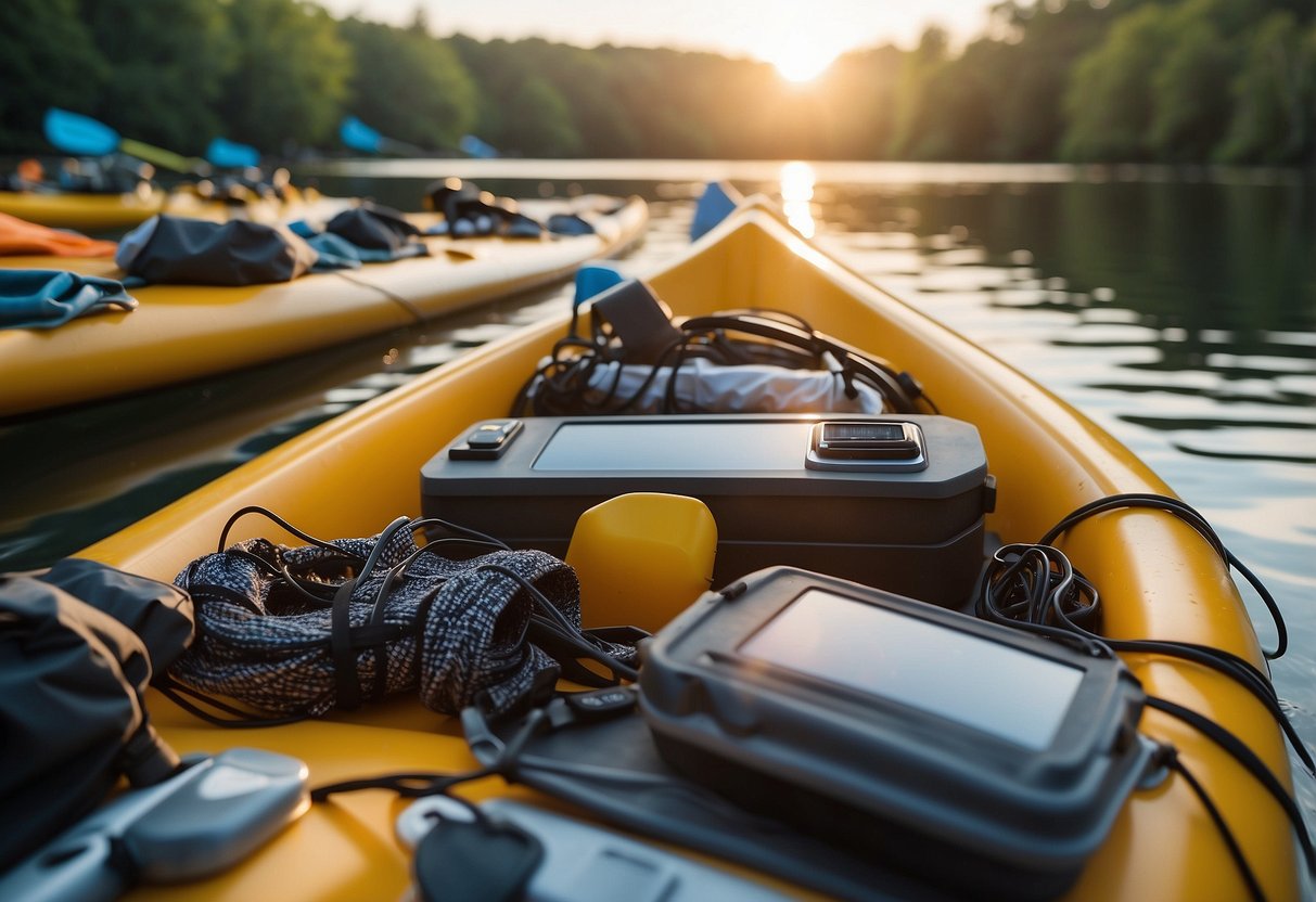 Solar-powered gadgets charging on a kayak deck, surrounded by reusable containers and bags for waste management while paddling