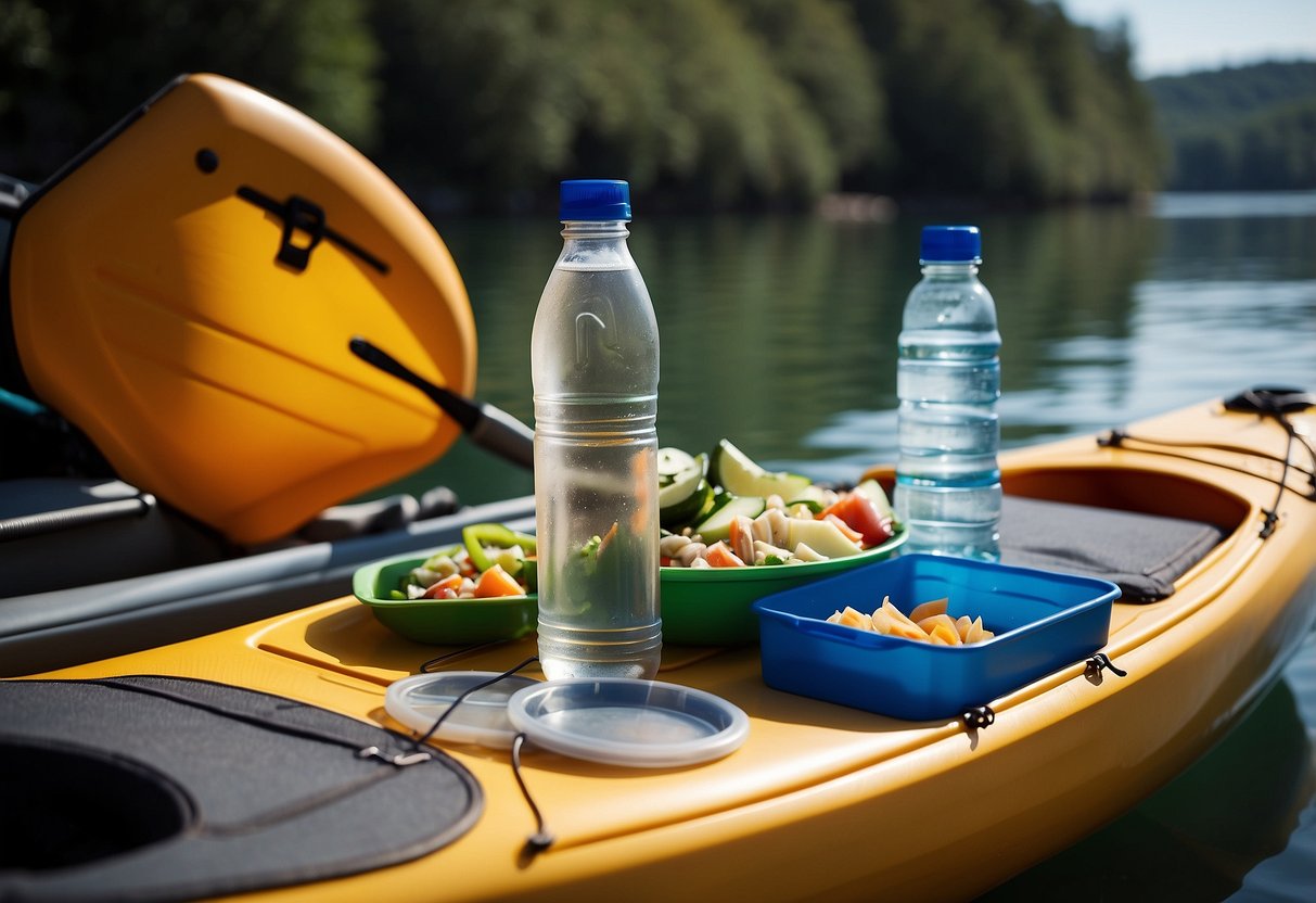 A paddle resting against a kayak, with a cooler filled with carefully portioned meals and snacks to minimize waste. A reusable water bottle and food containers are neatly organized nearby