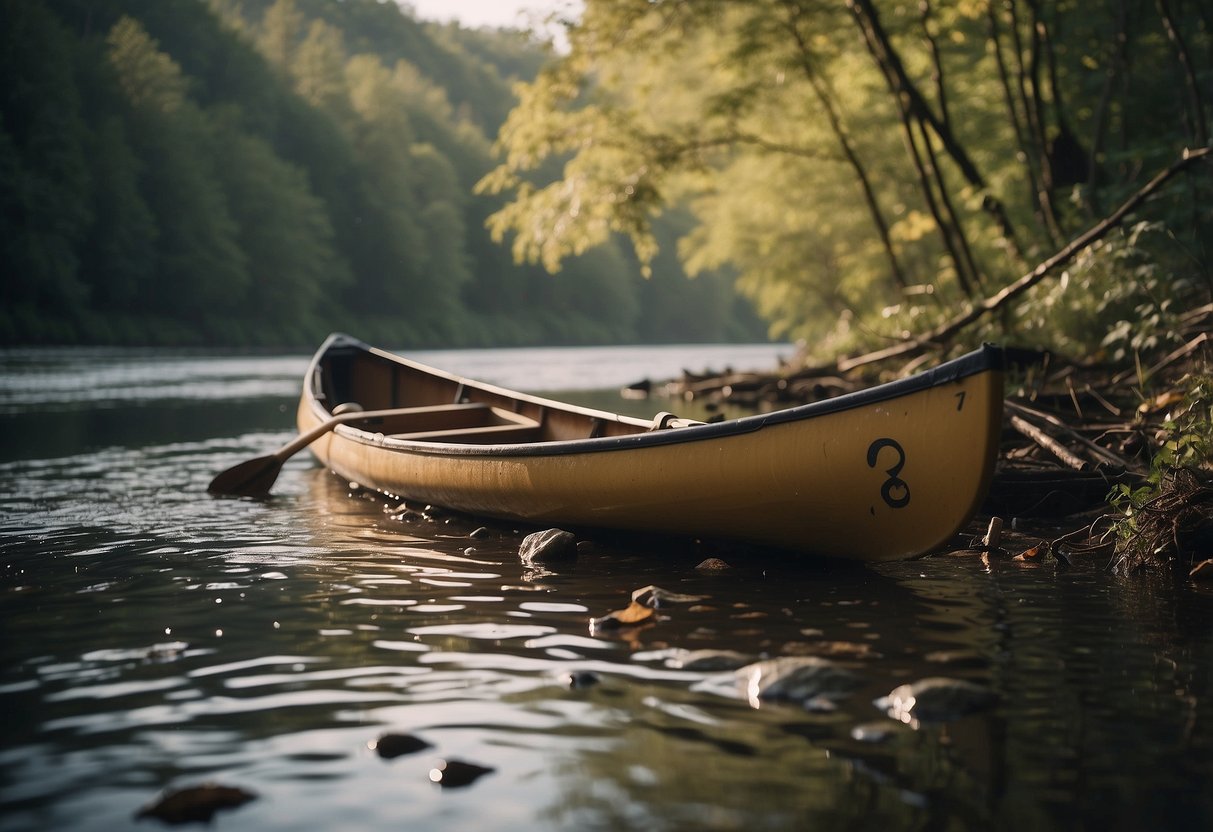 A serene river with a canoe surrounded by floating debris. A nearby sign displays "7 Tips for Managing Waste While Paddling"