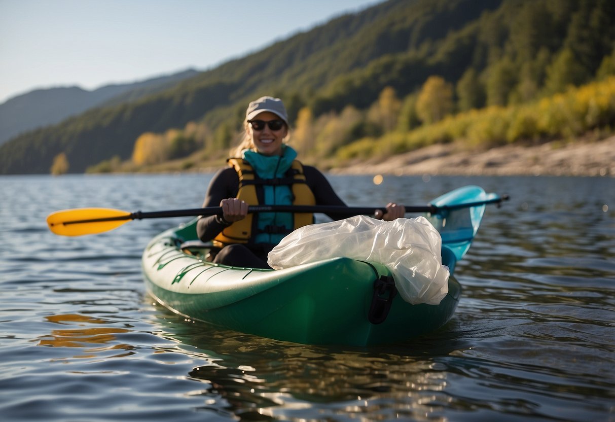 A kayaker tosses a biodegradable bag into a designated waste container on the shore. A reusable water bottle and mesh bag of trash sit neatly in their kayak