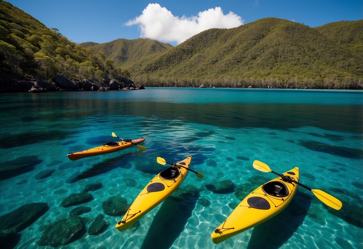 Crystal-clear waters reflect the vibrant blue sky as kayaks glide through the serene landscape of the Whitsunday Islands. Lush greenery lines the shores, and colorful marine life can be seen below the surface