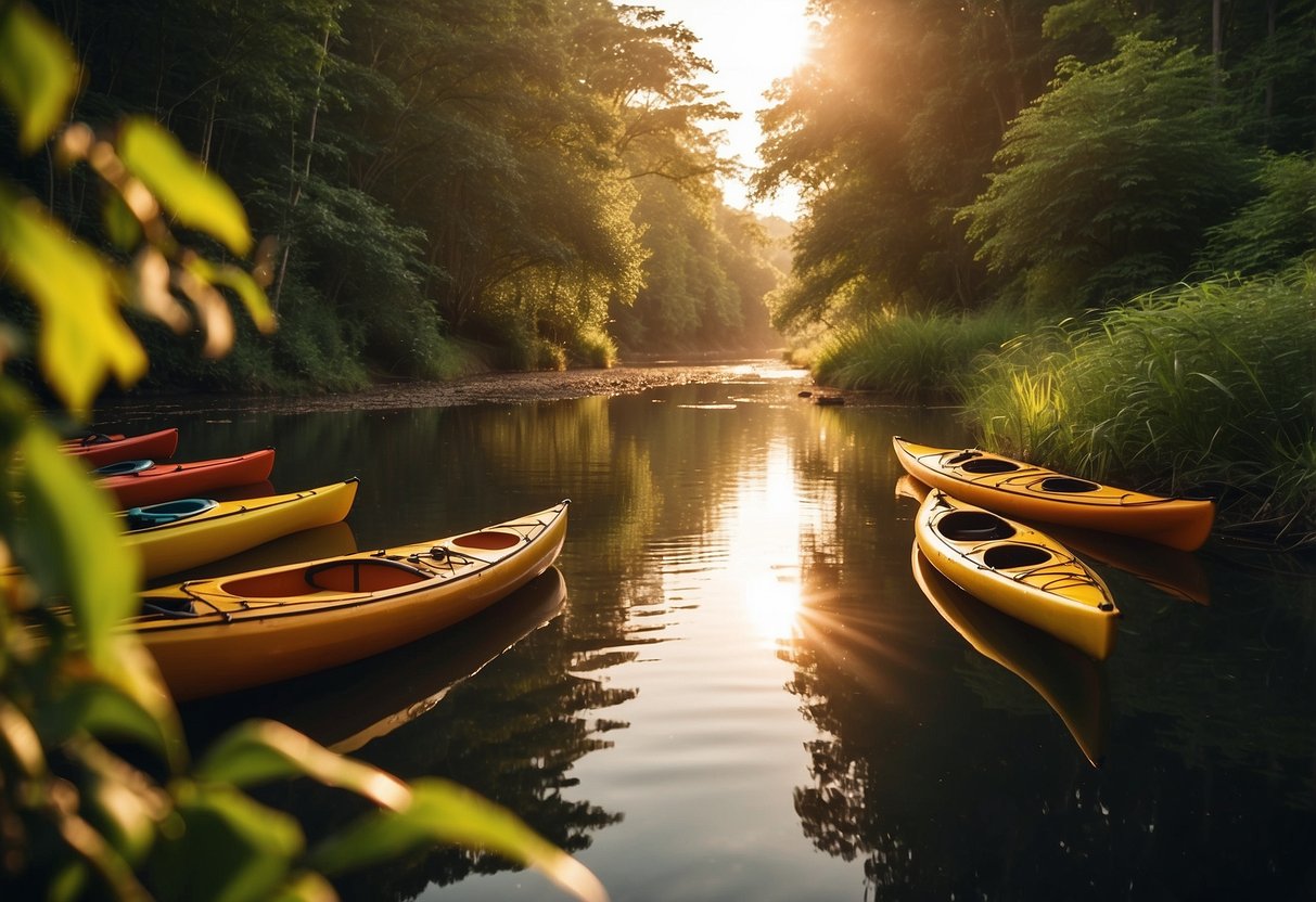 A serene river winding through lush greenery, with kayaks and canoes gliding peacefully along the water. The sun casts a golden glow over the tranquil scene, creating a perfect setting for paddling adventures