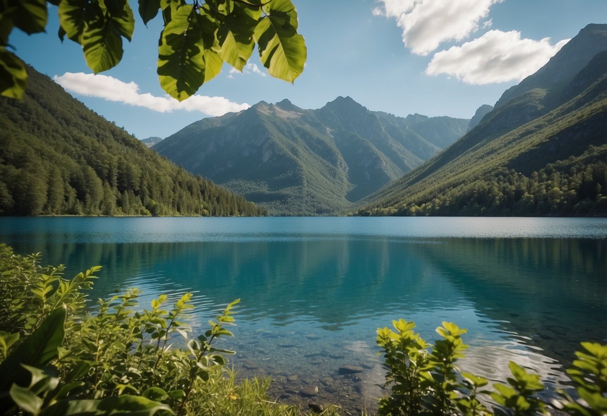 Clear blue water surrounded by lush greenery, with a backdrop of rugged mountains. A few kayaks and canoes dot the peaceful lake