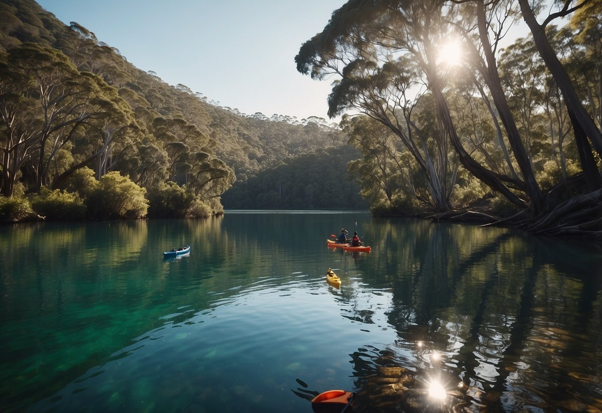 Crystal clear waters surrounded by lush greenery, with colorful kayaks gliding through the serene rivers and lakes of Australia's top paddling destinations