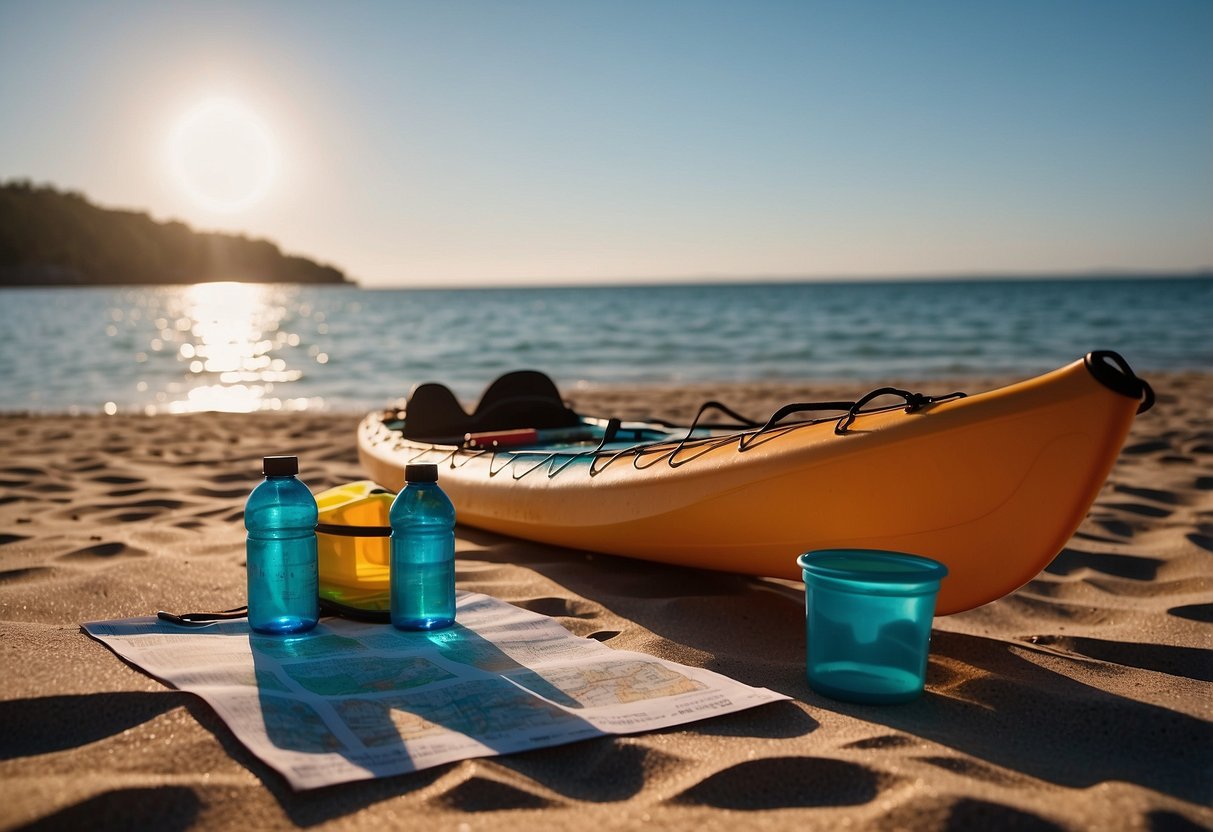 A kayak and paddle lay on a sandy beach next to a map and water bottle. The sun sets over a calm, blue ocean