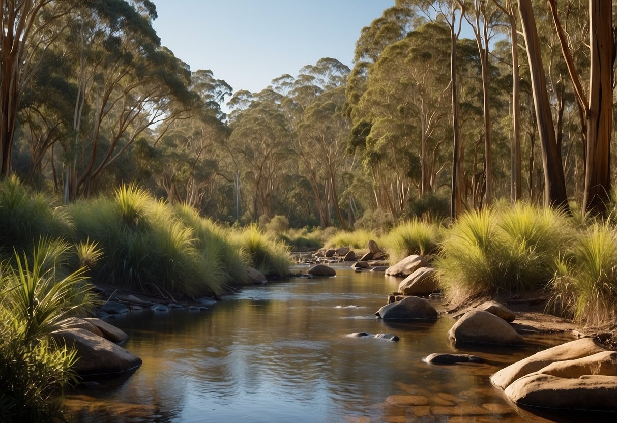 A serene river flows through lush Australian bushland, surrounded by towering eucalyptus trees and vibrant wildlife