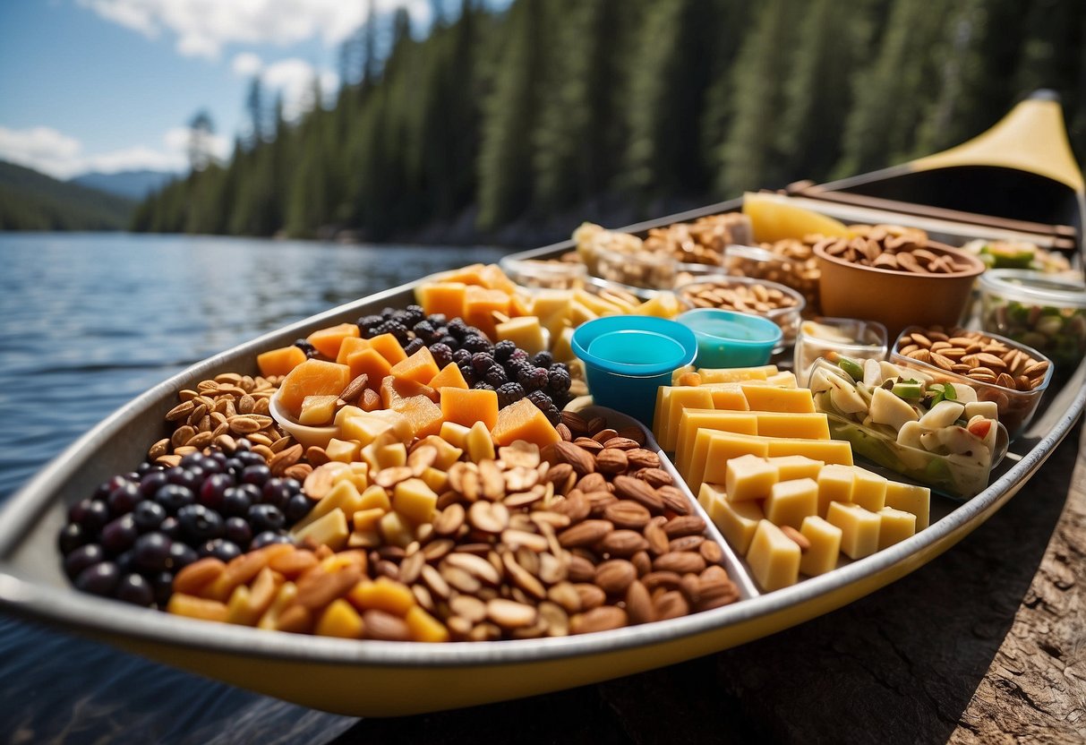 A canoe loaded with a variety of lightweight and nutritious meal options, including trail mix, dehydrated fruits, energy bars, and packaged meals, all neatly organized and ready to be enjoyed on a paddling trip