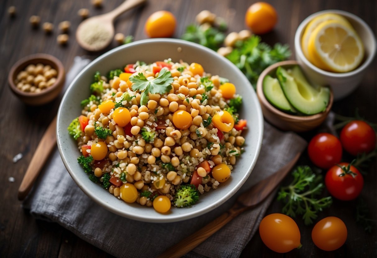 A colorful quinoa salad with chickpeas, surrounded by lightweight meal options for paddling trips