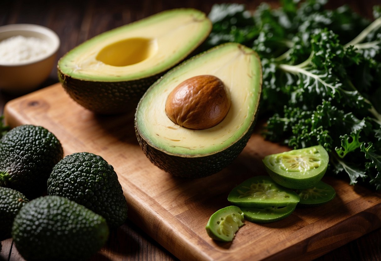 A colorful array of fresh kale leaves and ripe avocados laid out on a wooden cutting board, surrounded by various other vibrant and nutritious ingredients