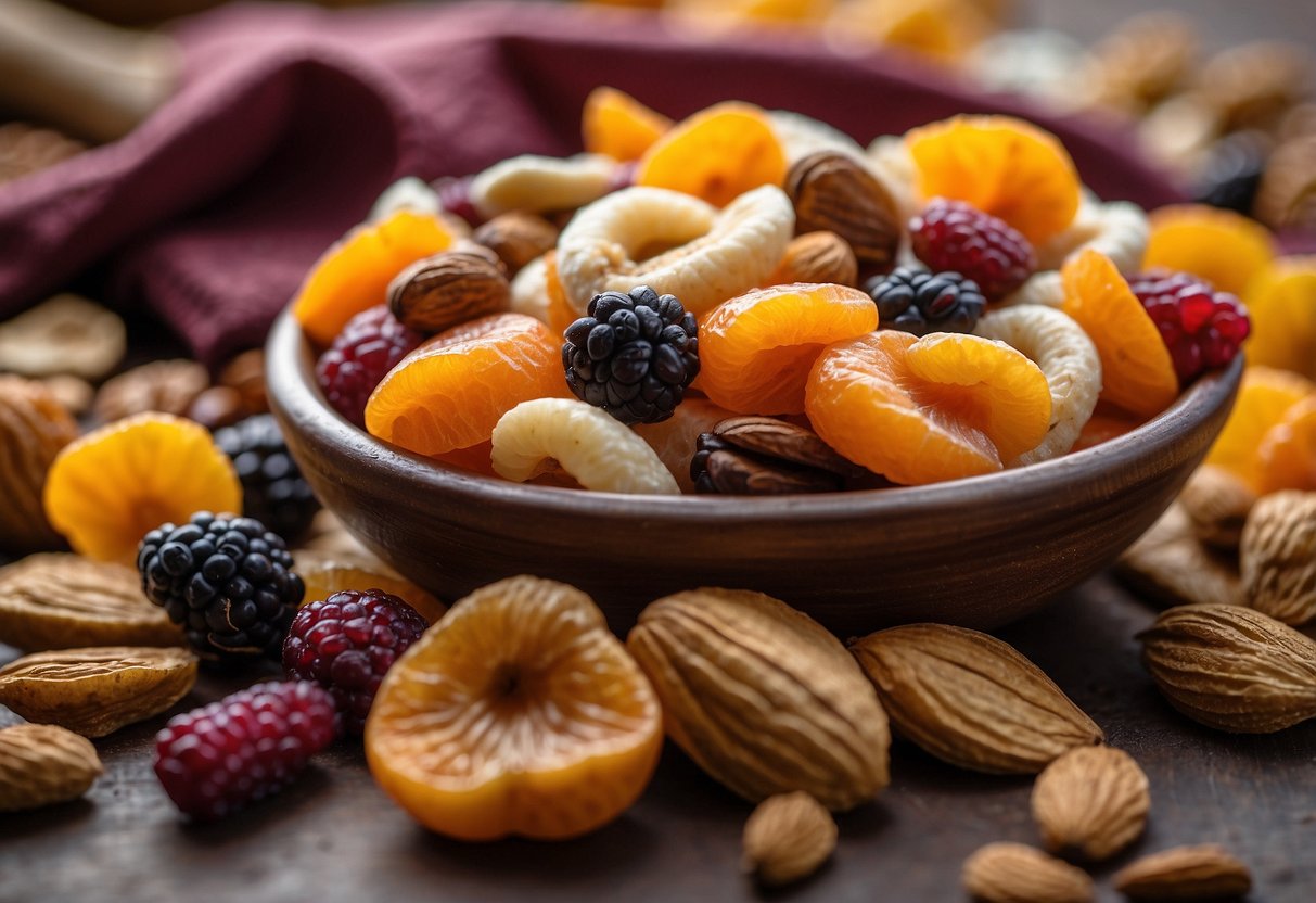 A colorful assortment of dried fruit and nuts is arranged in a pile next to a bag of trail mix. The vibrant colors and various textures create an inviting and nutritious snack for a paddling trip