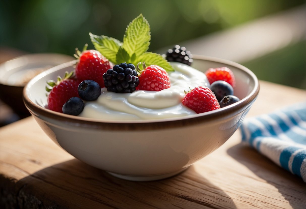 A bowl of Greek yogurt topped with fresh berries sits on a wooden table, surrounded by a paddle, map, and other outdoor gear