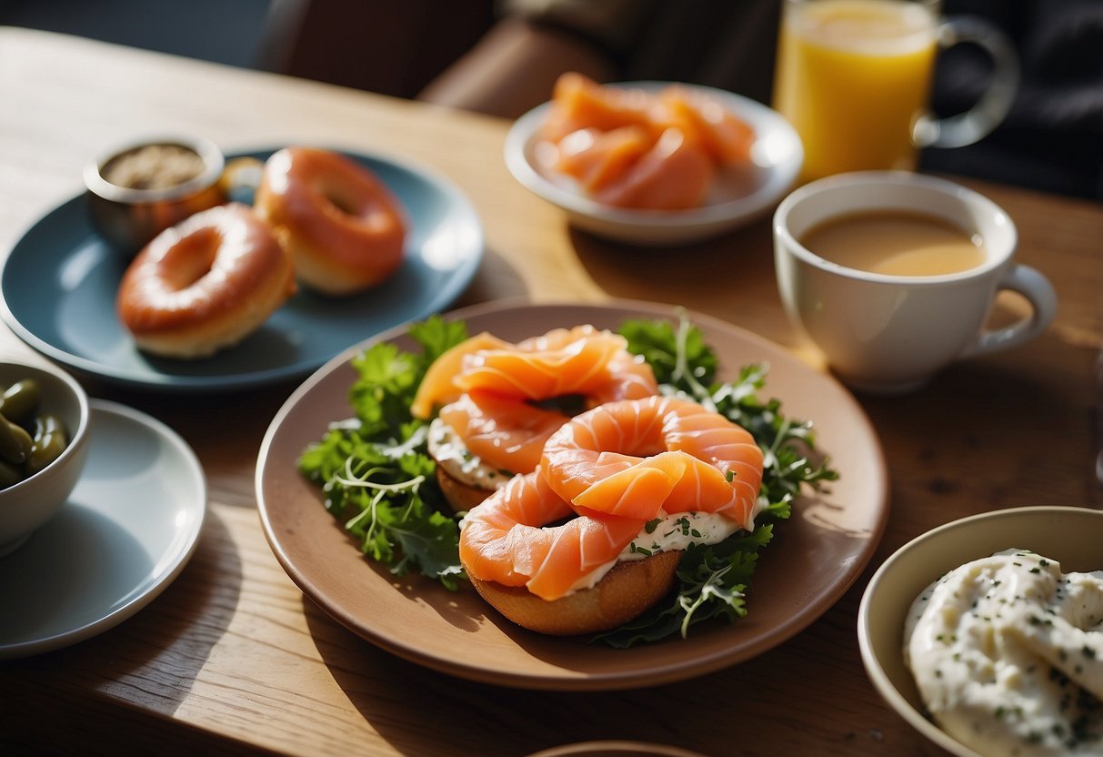 A table set with a plate of smoked salmon and cream cheese bagels, surrounded by lightweight and nutritious meal options for paddling trips