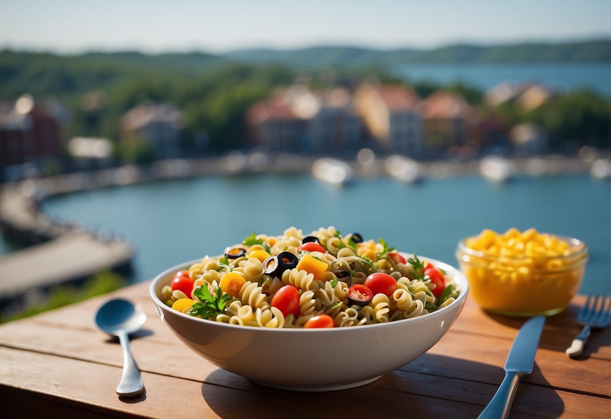 A colorful bowl of whole grain pasta salad surrounded by outdoor gear and a scenic waterfront view