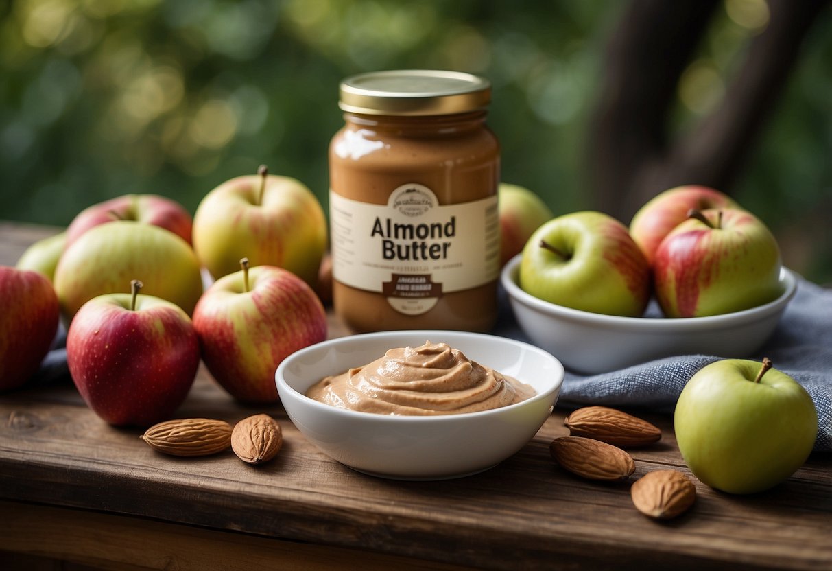 A jar of almond butter sits next to a pile of fresh apples, ready to be sliced and dipped, surrounded by lightweight and nutritious meal options for paddling trips