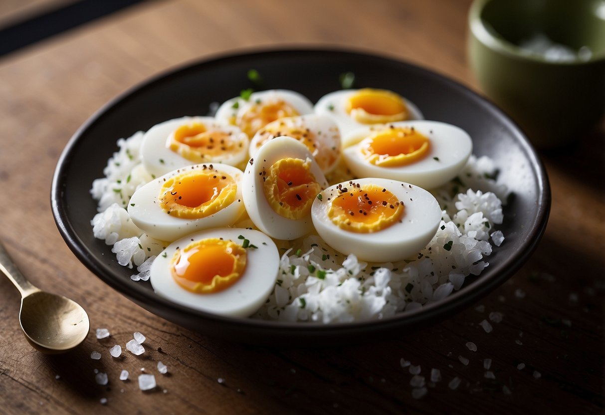 A plate of hard-boiled eggs sprinkled with sea salt sits next to a stack of lightweight and nutritious meal ideas for paddling trips