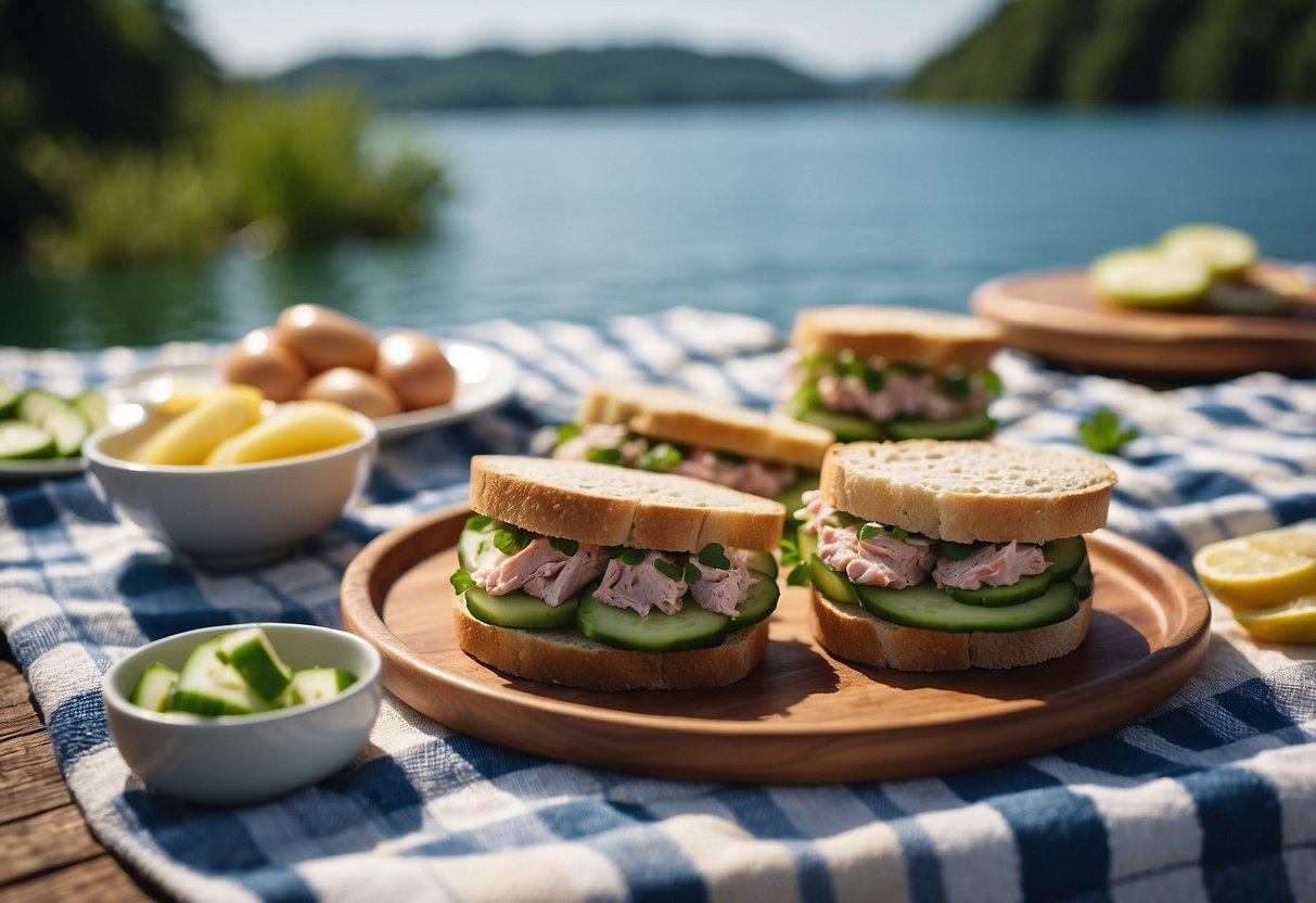 A picnic blanket with a spread of tuna and cucumber sandwiches, surrounded by a serene lake and lush greenery