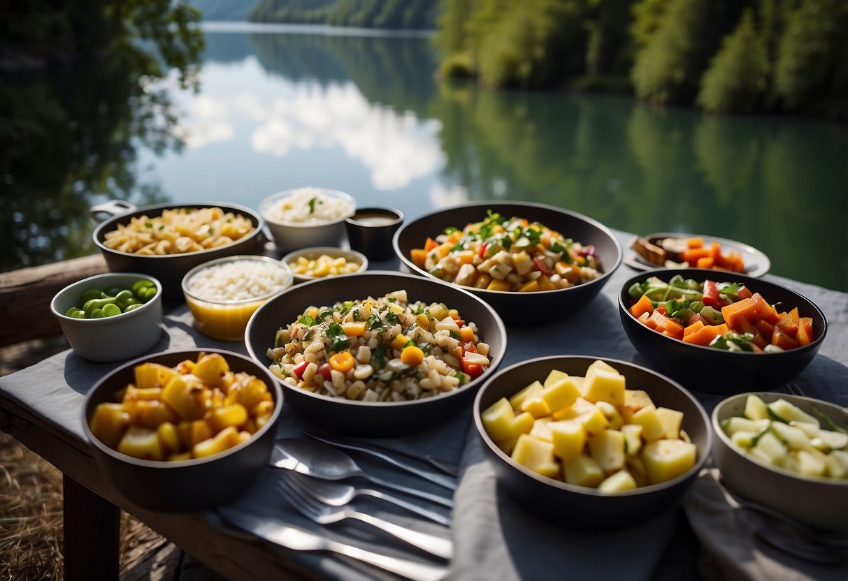 A colorful array of lightweight, nutrient-packed meals laid out on a camping table, surrounded by paddling gear and a scenic backdrop of a calm lake or river