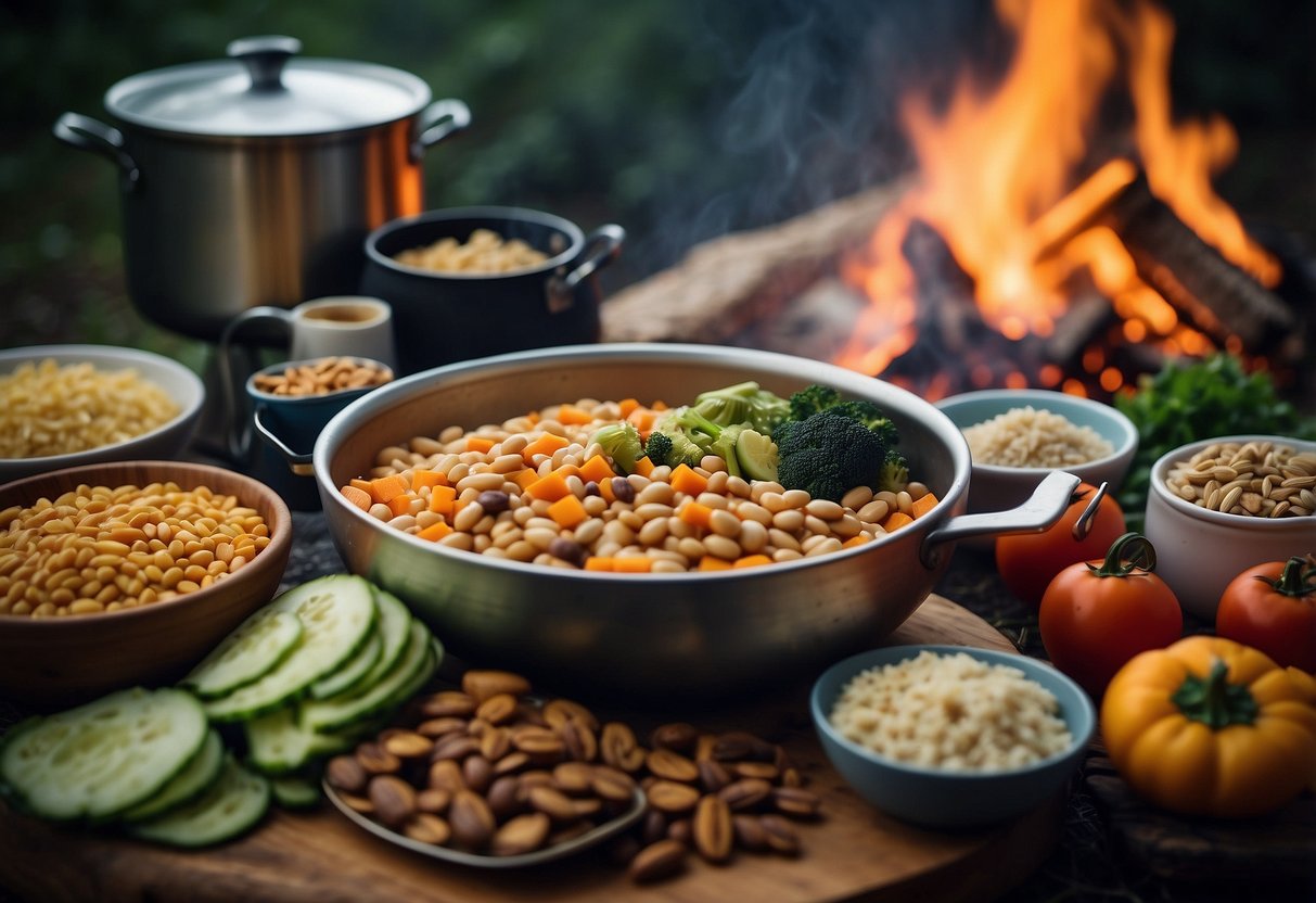 A campfire with a pot of boiling water, surrounded by various lightweight and nutritious meal ingredients such as dehydrated vegetables, instant rice, canned beans, and trail mix