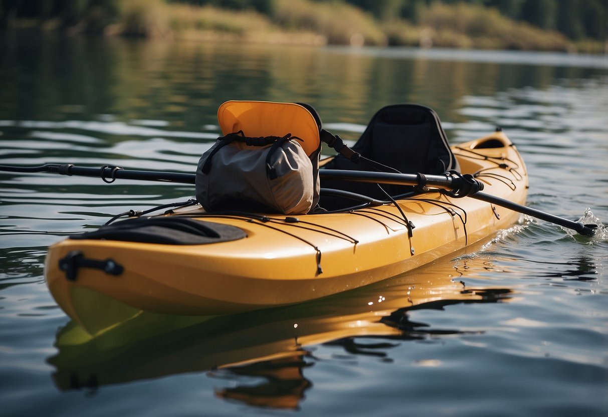 A kayak glides through calm waters, with a hydration pack and lightweight meal options neatly packed in the storage compartments