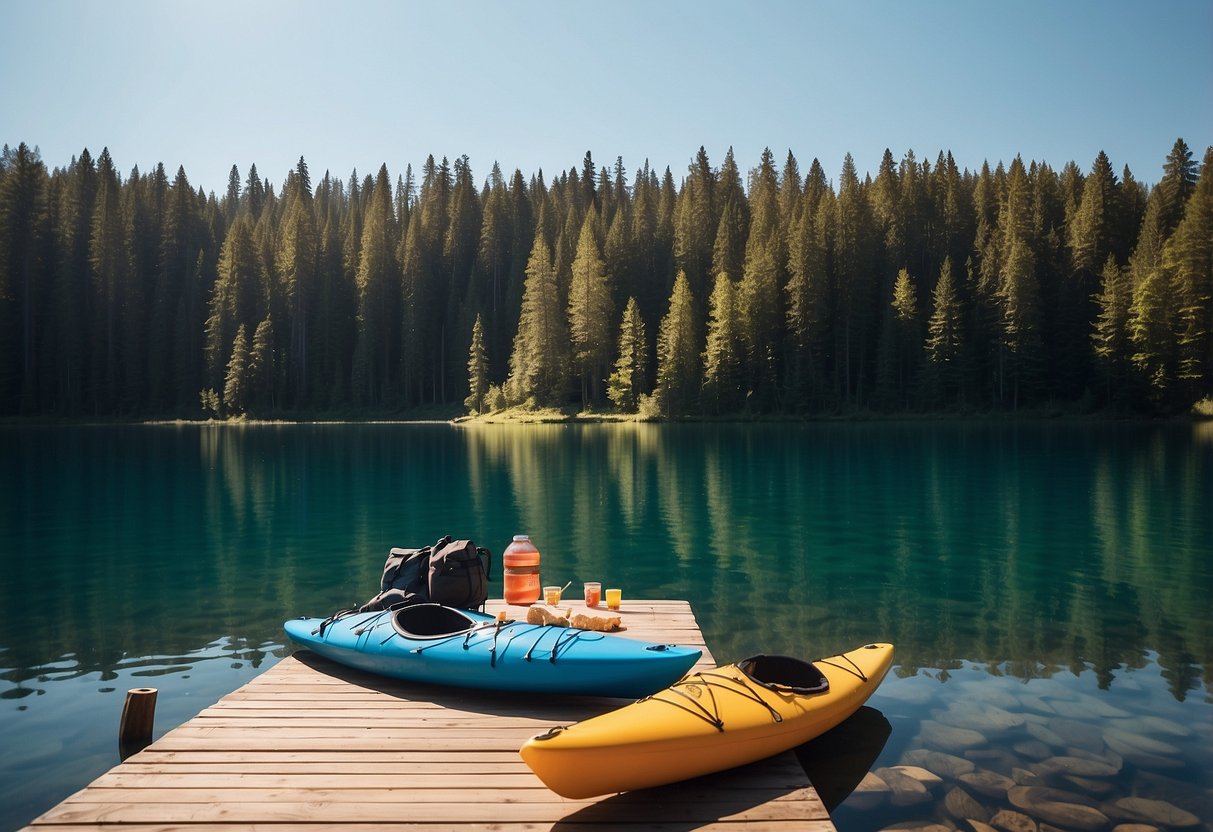 A serene lake with a kayak, fishing rod, and healthy snacks. Sunscreen, water bottle, and life jacket nearby. Calm water and clear blue sky