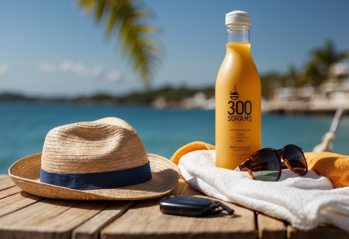 A beach scene with a bottle of SPF 30+ sunscreen, a hat, sunglasses, a water bottle, a healthy snack, a towel, and a boat in the background