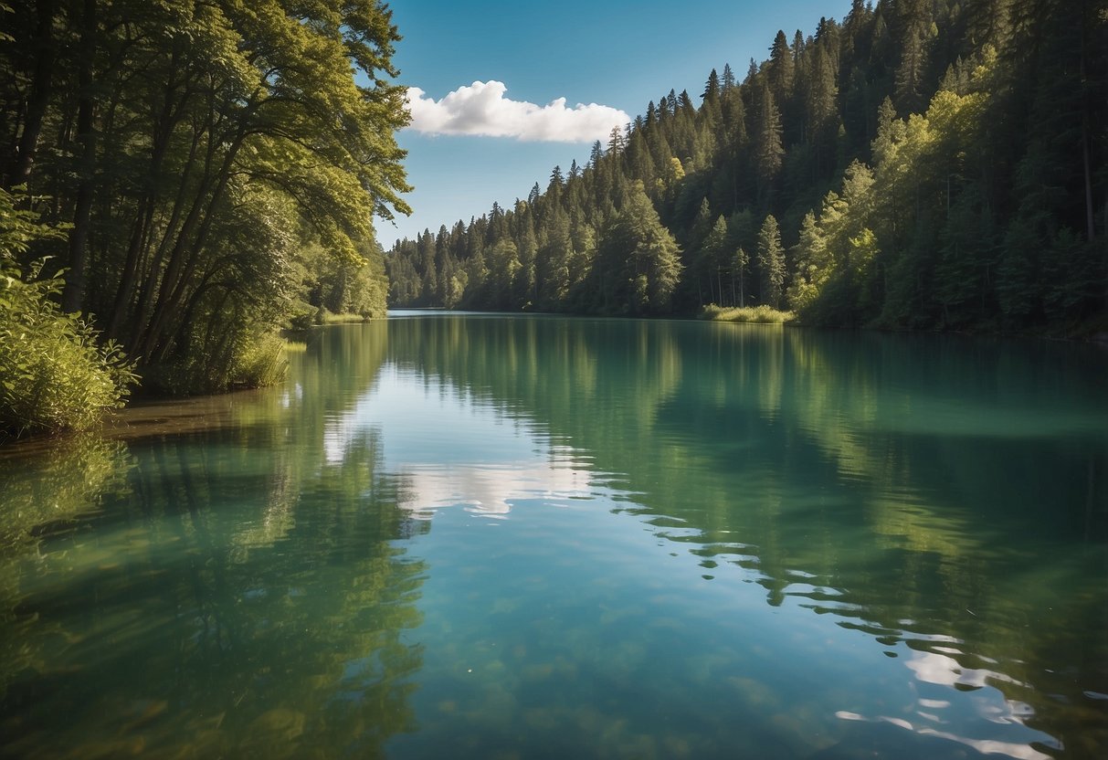 A serene lake with a "No Alcohol" sign, surrounded by lush green trees and clear blue skies. A kayak and a fishing boat peacefully float on the calm water