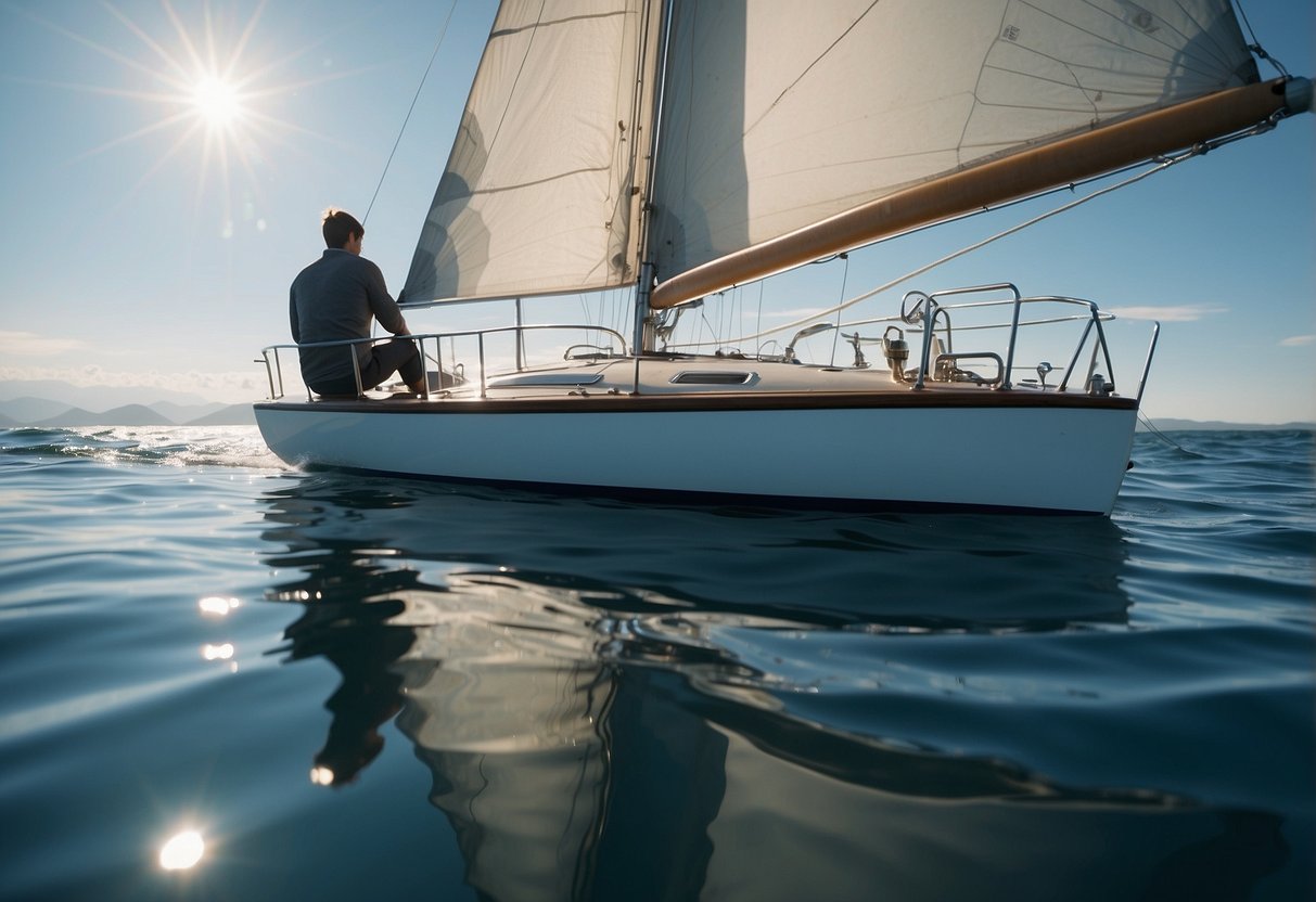 A sailboat glides on calm waters under a clear sky. A person checks the weather forecast on their phone, surrounded by essential items for staying healthy on the water