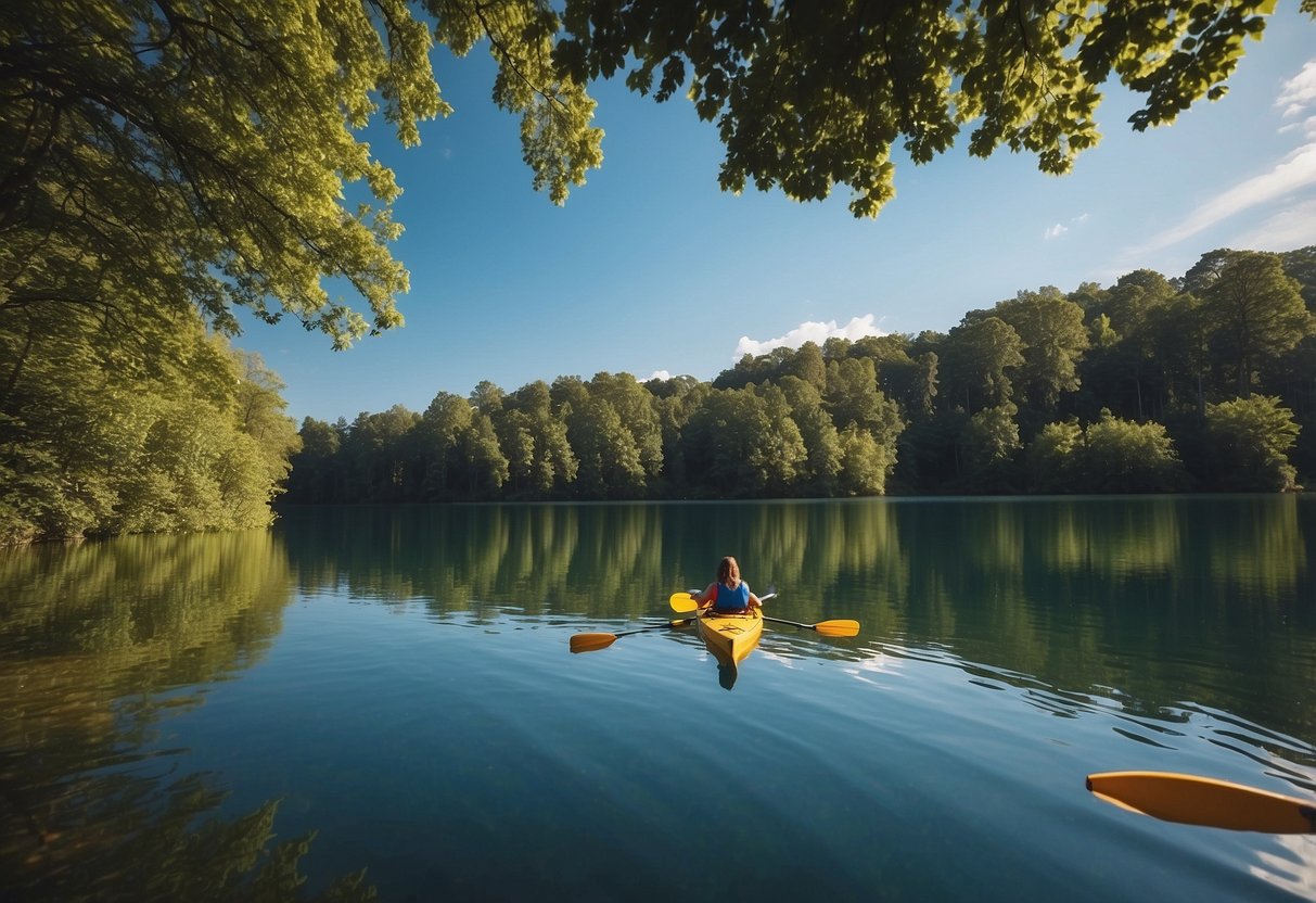 A serene lake with a kayak and paddle floating on the calm water, surrounded by lush green trees and a clear blue sky above