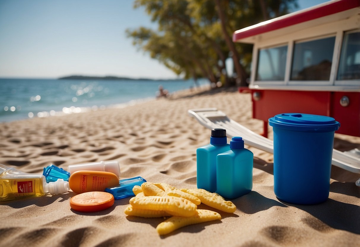 A sunny beach with a lifeguard station, a boat on calm water, and a first aid kit nearby. Sunscreen, water bottles, and healthy snacks are scattered around