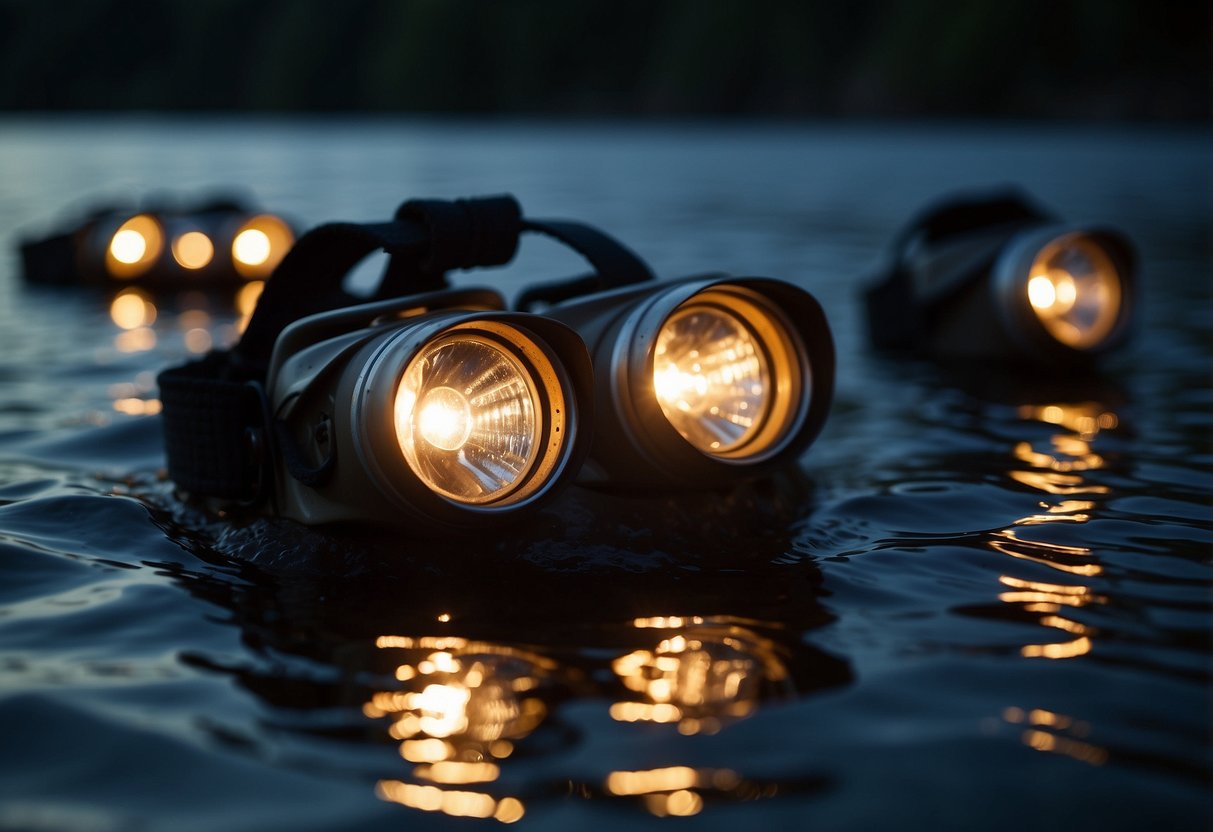 Five headlamps float on calm water, illuminating a dark river. Each lamp casts a bright beam, perfect for paddling at night