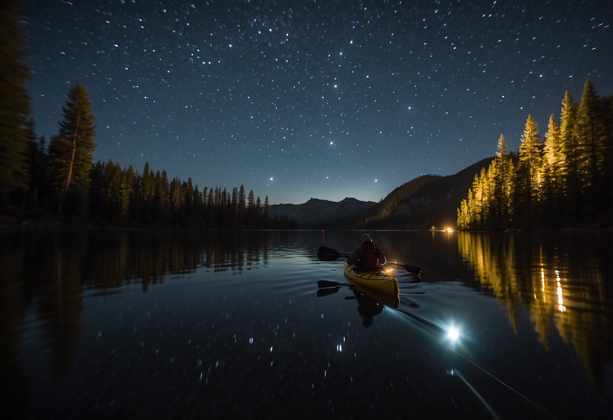 A kayaker paddles under a starry sky, illuminated by the Black Diamond Spot 400 headlamp. The lightweight headlamp casts a bright beam, perfect for nighttime paddling