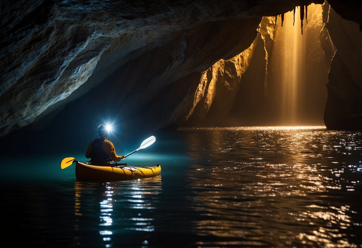 A kayaker paddles through a dark cave, illuminating the way with a Petzl Tikka Headlamp. The lightweight headlamp casts a bright beam, highlighting the rock formations and water around them