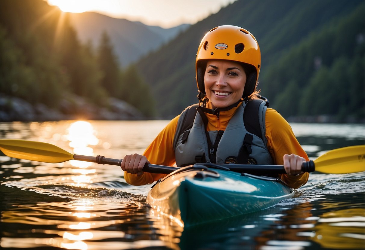 A person wearing a kayak helmet with a Princeton Tec Remix 5 headlamp, paddling through calm water at sunset, with a mountainous backdrop