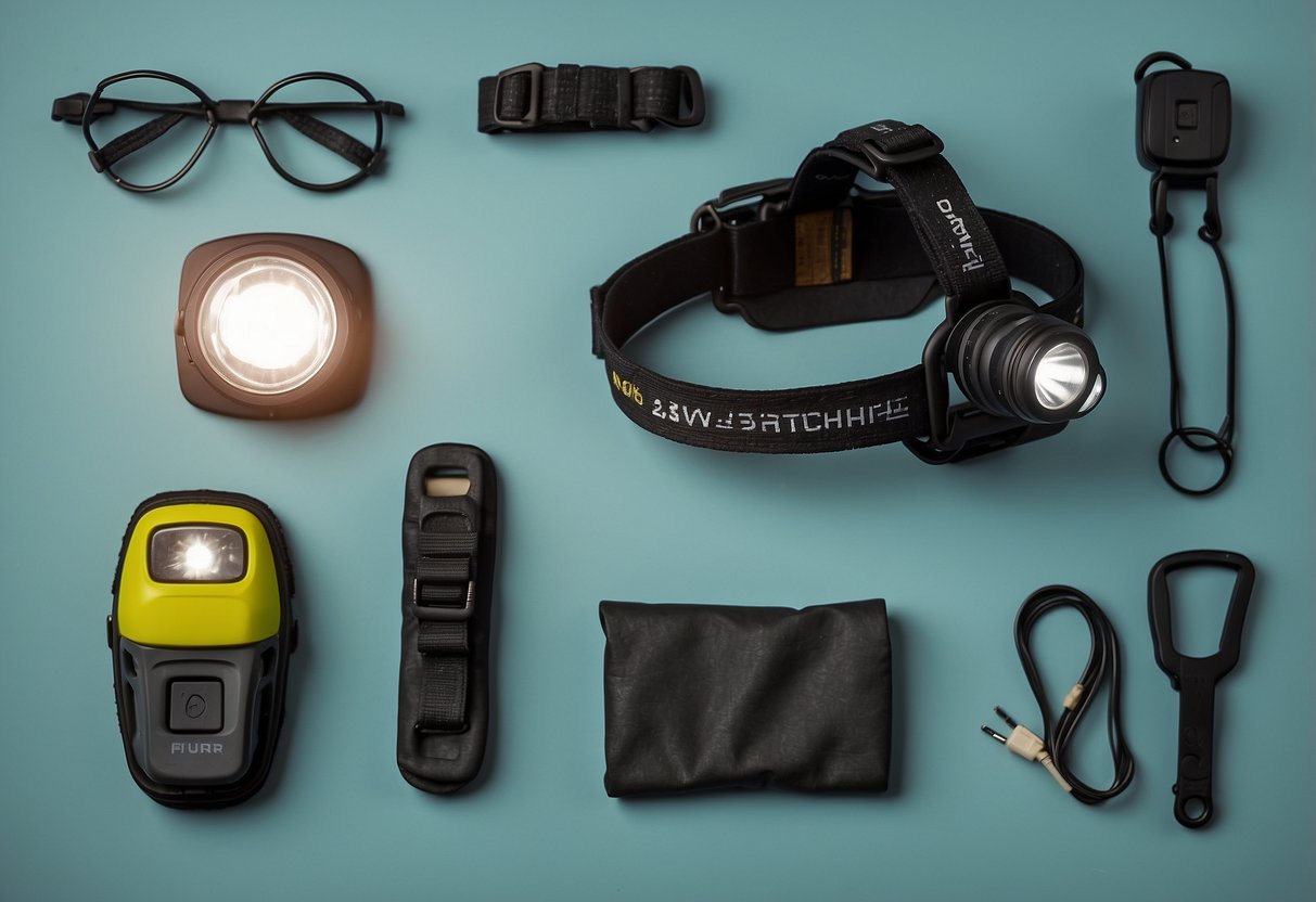 A paddler selects a lightweight headlamp from a display of five options, each designed for use during paddling adventures