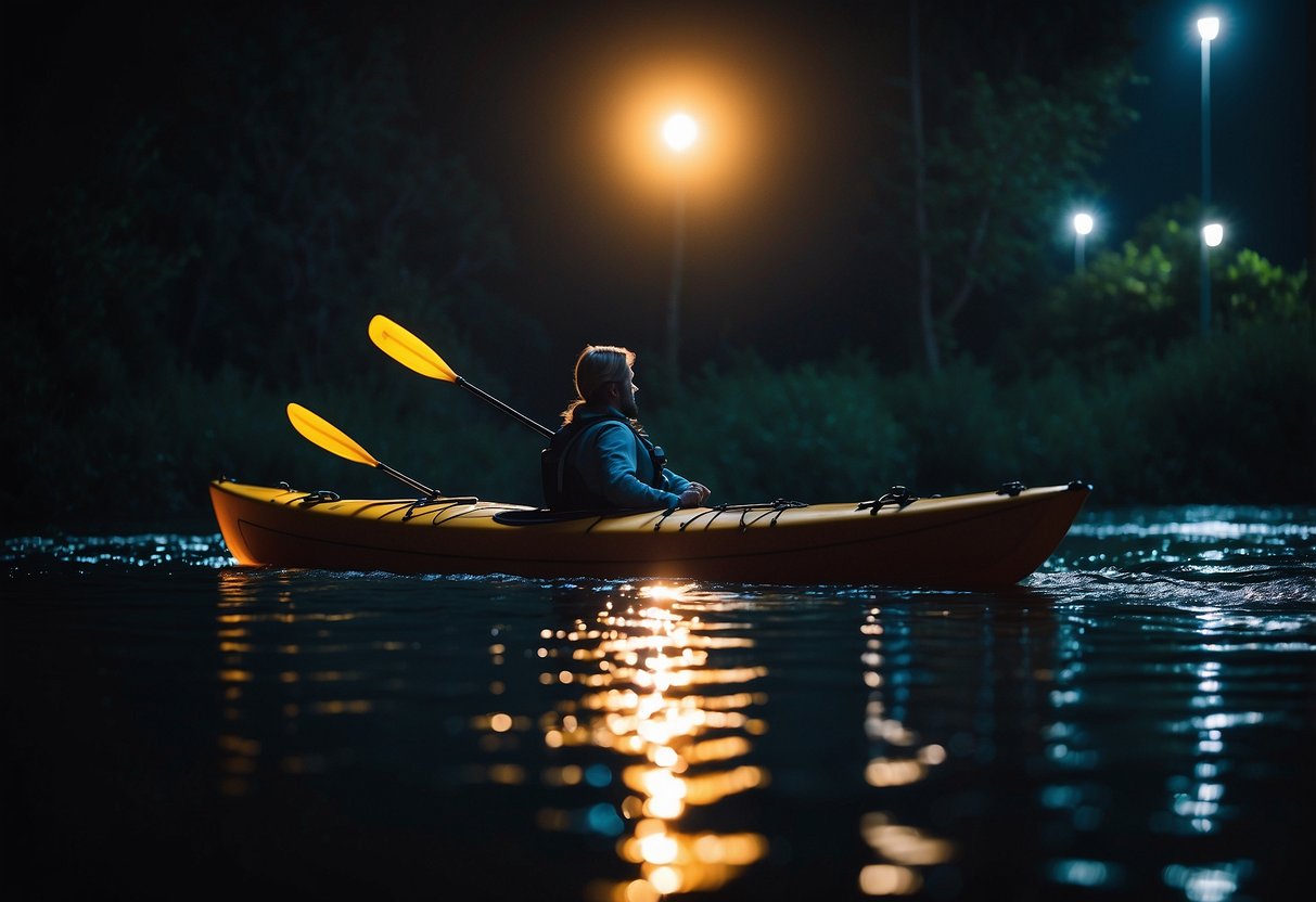 A kayak floats on calm water at night, illuminated by a lightweight headlamp. The beam cuts through the darkness, highlighting safety considerations for night paddling