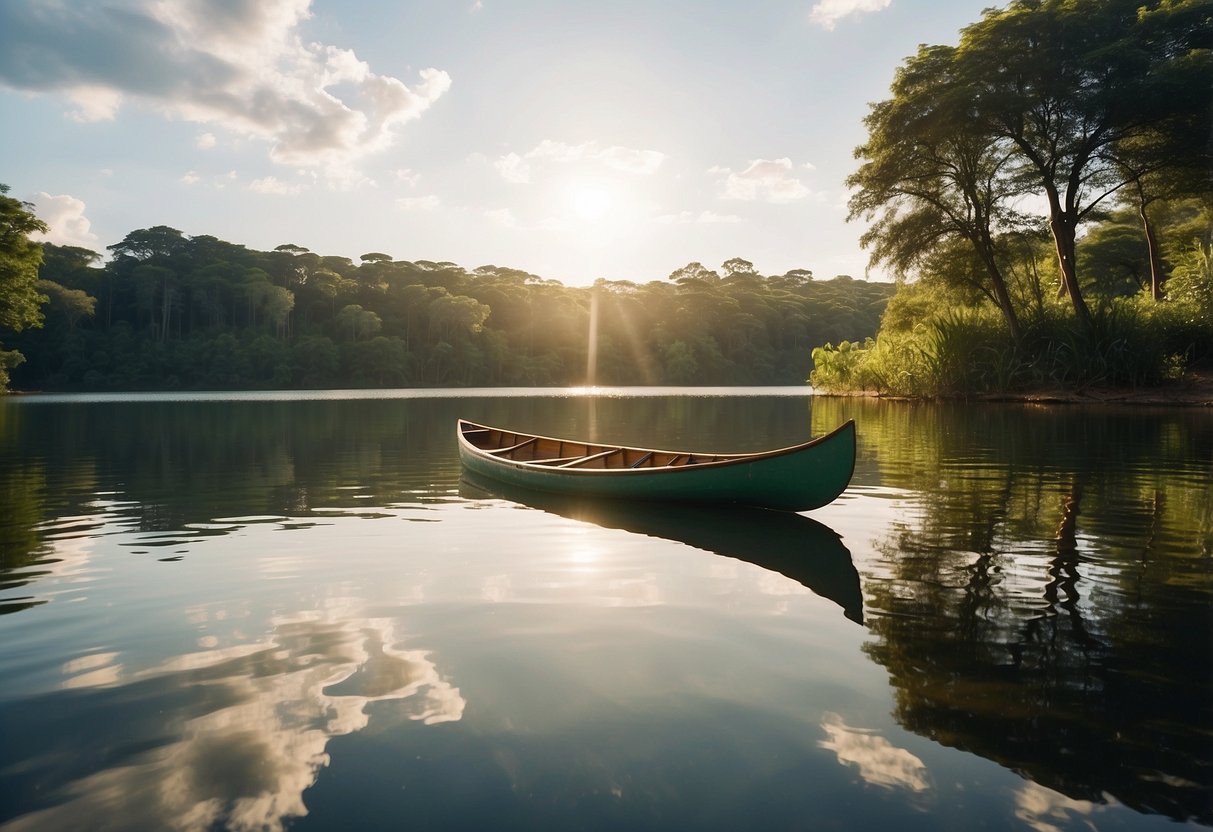 A serene lake surrounded by lush greenery, with a single canoe gliding across the calm water under the African sun