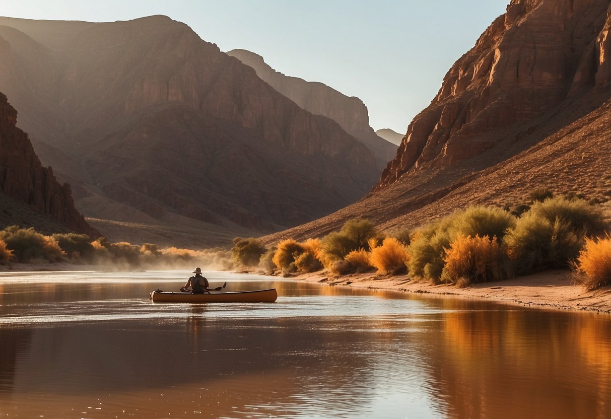 A canoe glides down the Orange River in Namibia, surrounded by towering cliffs and rugged desert landscapes. The water reflects the warm hues of the setting sun, creating a serene and picturesque scene