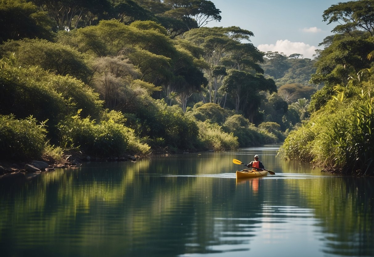 A serene river winding through lush African landscape, with a kayak gliding peacefully on the water, surrounded by vibrant flora and wildlife