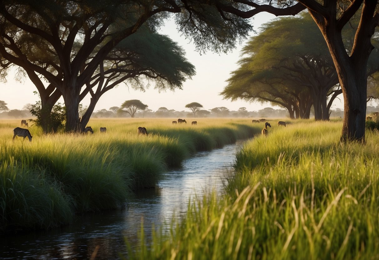 A serene river flows through lush African savanna, surrounded by diverse wildlife and vibrant ecosystems. Tall grasses and towering acacia trees line the banks, while colorful birds and grazing animals can be seen in the distance