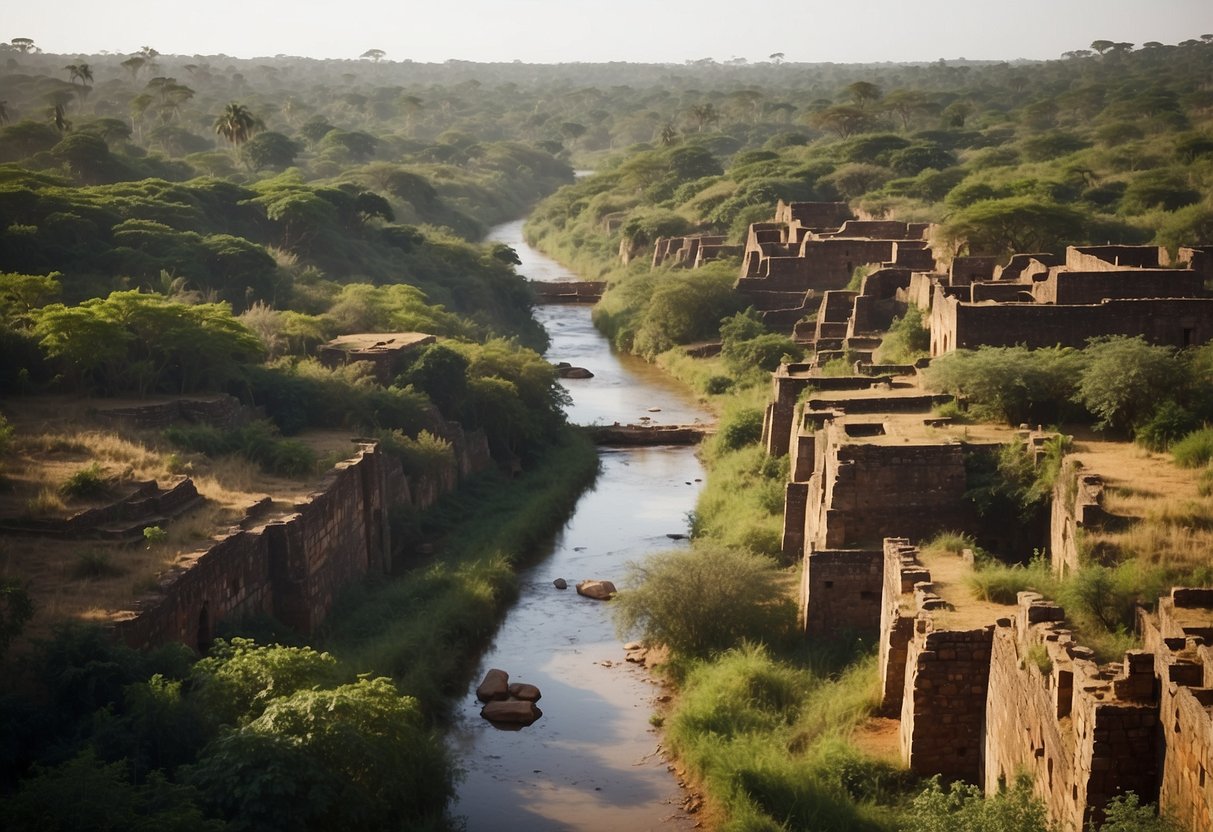 A serene river winds through lush African landscape, flanked by ancient ruins and vibrant cultural symbols