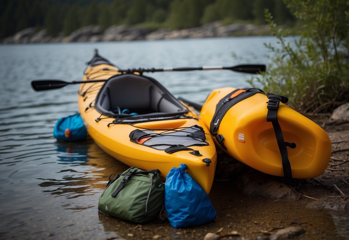 A kayak loaded with gear, including a lightweight tent, compact stove, and minimal clothing. Paddles, life jacket, and dry bags are neatly organized for easy access